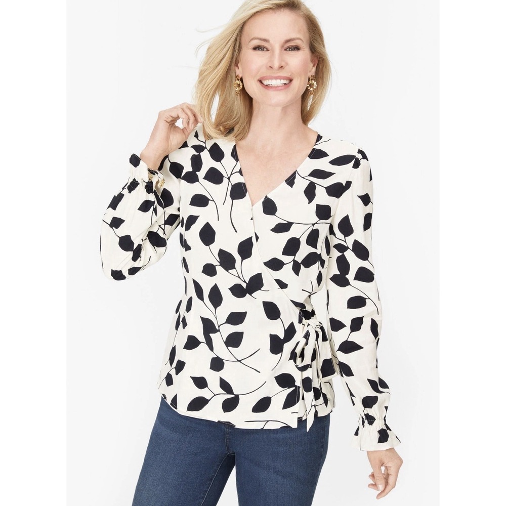 Talbots Women's Faux Wrap Crepe Leaf‎ Pattern Blouse Size LP New $89.50